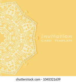 Invitation or Card template with lace mandala border, cutout paper frame element. Decorative openwork filigree art background for Wedding, Valentine's day greeting cards, Birthday Invitations