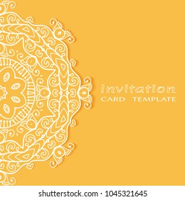 Invitation or Card template with lace mandala border, cutout paper frame element. Decorative openwork filigree art background for Wedding, Valentine's day greeting cards, Birthday Invitations