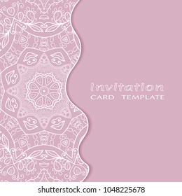 Invitation or Card template with lace mandala border, cutout paper frame element. Decorative openwork filigree art background for Wedding, Valentine's day greeting cards, Birthday Invitations