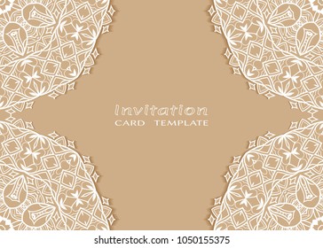 Invitation or Card template with lace mandala border, cutout paper frame element. Decorative openwork filigree art background for Wedding, Valentine's day greeting cards, Birthday Invitations