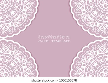 Invitation or Card template with lace mandala border, cutout paper frame element. Decorative openwork filigree art background for Wedding, Valentine's day greeting cards, Birthday Invitations