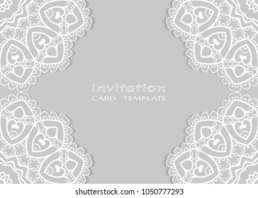 Invitation or Card template with lace mandala border, cutout paper frame element. Decorative openwork filigree art background for Wedding, Valentine's day greeting cards, Birthday Invitations