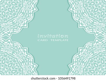 Invitation or Card template with lace mandala border, cutout paper frame element. Decorative openwork filigree art background for Wedding, Valentine's day greeting cards, Birthday Invitations