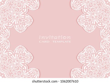 Invitation or Card template with lace mandala border, cutout paper frame element. Decorative openwork filigree art background for Wedding, Valentine's day greeting cards, Birthday Invitations
