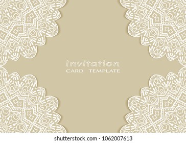 Invitation or Card template with lace mandala border, cutout paper frame element. Decorative openwork filigree art background for Wedding, Valentine's day greeting cards, Birthday Invitations