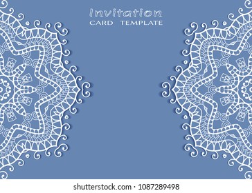 Invitation or Card template with lace mandala border, cutout paper frame element. Decorative openwork filigree art background for Wedding, Valentine's day greeting cards, Birthday Invitations