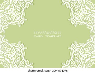 Invitation or Card template with lace mandala border, cutout paper frame element. Decorative openwork filigree art background for Wedding, Valentine's day greeting cards, Birthday Invitations