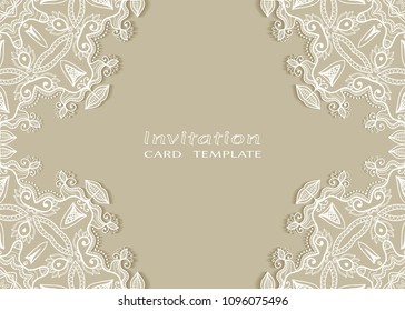 Invitation or Card template with lace mandala border, cutout paper frame element. Decorative openwork filigree art background for Wedding, Valentine's day greeting cards, Birthday Invitations