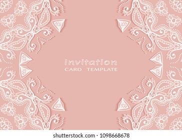 Invitation or Card template with lace mandala border, cutout paper frame element. Decorative openwork filigree art background for Wedding, Valentine's day greeting cards, Birthday Invitations