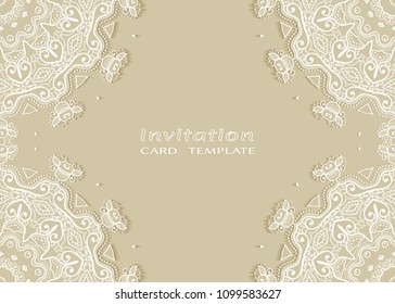 Invitation or Card template with lace mandala border, cutout paper frame element. Decorative openwork filigree art background for Wedding, Valentine's day greeting cards, Birthday Invitations