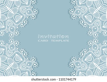 Invitation or Card template with lace mandala border, cutout paper frame element. Decorative openwork filigree art background for Wedding, Valentine's day greeting cards, Birthday Invitations