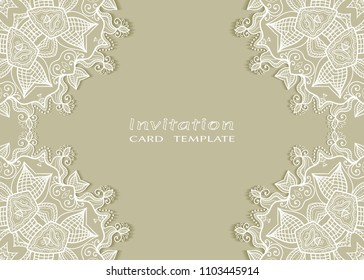 Invitation or Card template with lace mandala border, cutout paper frame element. Decorative openwork filigree art background for Wedding, Valentine's day greeting cards, Birthday Invitations