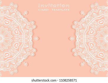 Invitation or Card template with lace mandala border, cutout paper frame element. Decorative openwork filigree art background for Wedding, Valentine's day greeting cards, Birthday Invitations