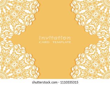 Invitation or Card template with lace mandala border, cutout paper frame element. Decorative openwork filigree art background for Wedding, Valentine's day greeting cards, Birthday Invitations
