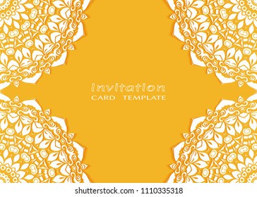 Invitation or Card template with lace mandala border, cutout paper frame element. Decorative openwork filigree art background for Wedding, Valentine's day greeting cards, Birthday Invitations