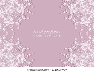 Invitation or Card template with lace mandala border, cutout paper frame element. Decorative openwork filigree art background for Wedding, Valentine's day greeting cards, Birthday Invitations