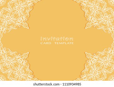 Invitation or Card template with lace mandala border, cutout paper frame element. Decorative openwork filigree art background for Wedding, Valentine's day greeting cards, Birthday Invitations