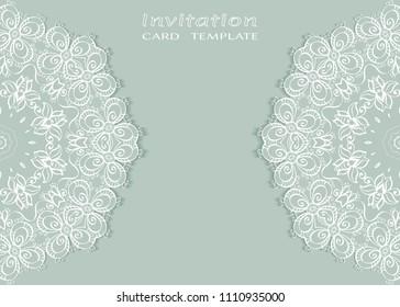 Invitation or Card template with lace mandala border, cutout paper frame element. Decorative openwork filigree art background for Wedding, Valentine's day greeting cards, Birthday Invitations