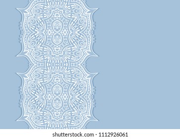 Invitation or Card template with lace mandala border, cutout paper frame element. Decorative openwork filigree art background for Wedding, Valentine's day greeting cards, Birthday Invitations