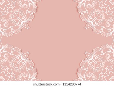 Invitation or Card template with lace mandala border, cutout paper frame element. Decorative openwork filigree art background for Wedding, Valentine's day greeting cards, Birthday Invitations