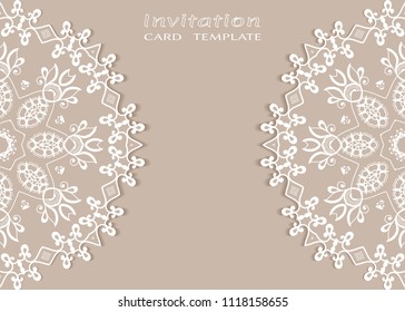 Invitation or Card template with lace mandala border, cutout paper frame element. Decorative openwork filigree art background for Wedding, Valentine's day greeting cards, Birthday Invitations
