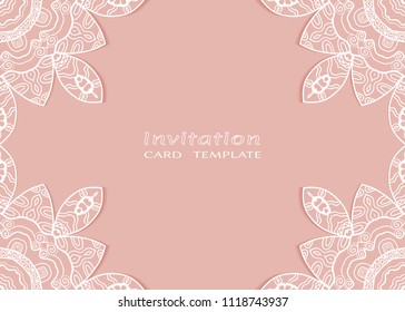 Invitation or Card template with lace mandala border, cutout paper frame element. Decorative openwork filigree art background for Wedding, Valentine's day greeting cards, Birthday Invitations