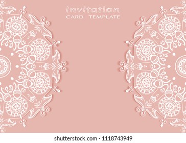 Invitation or Card template with lace mandala border, cutout paper frame element. Decorative openwork filigree art background for Wedding, Valentine's day greeting cards, Birthday Invitations
