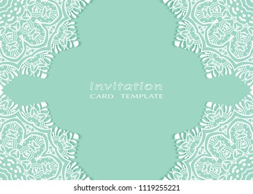 Invitation or Card template with lace mandala border, cutout paper frame element. Decorative openwork filigree art background for Wedding, Valentine's day greeting cards, Birthday Invitations
