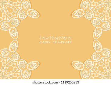 Invitation or Card template with lace mandala border, cutout paper frame element. Decorative openwork filigree art background for Wedding, Valentine's day greeting cards, Birthday Invitations