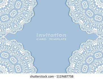 Invitation or Card template with lace mandala border, cutout paper frame element. Decorative openwork filigree art background for Wedding, Valentine's day greeting cards, Birthday Invitations