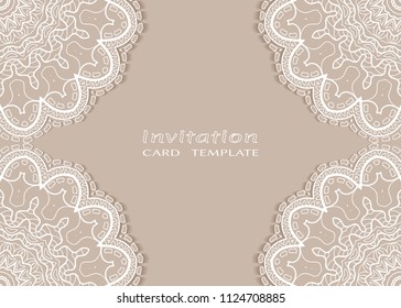 Invitation or Card template with lace mandala border, cutout paper frame element. Decorative openwork filigree art background for Wedding, Valentine's day greeting cards, Birthday Invitations