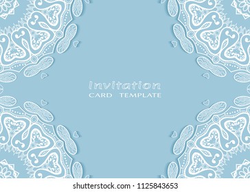 Invitation or Card template with lace mandala border, cutout paper frame element. Decorative openwork filigree art background for Wedding, Valentine's day greeting cards, Birthday Invitations