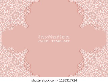 Invitation or Card template with lace mandala border, cutout paper frame element. Decorative openwork filigree art background for Wedding, Valentine's day greeting cards, Birthday Invitations