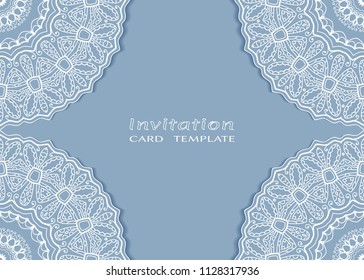 Invitation or Card template with lace mandala border, cutout paper frame element. Decorative openwork filigree art background for Wedding, Valentine's day greeting cards, Birthday Invitations
