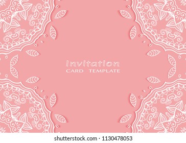Invitation or Card template with lace mandala border, cutout paper frame element. Decorative openwork filigree art background for Wedding, Valentine's day greeting cards, Birthday Invitations