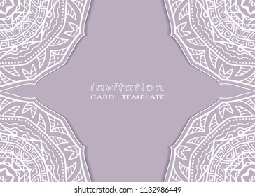 Invitation or Card template with lace mandala border, cutout paper frame element. Decorative openwork filigree art background for Wedding, Valentine's day greeting cards, Birthday Invitations