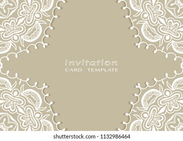 Invitation or Card template with lace mandala border, cutout paper frame element. Decorative openwork filigree art background for Wedding, Valentine's day greeting cards, Birthday Invitations