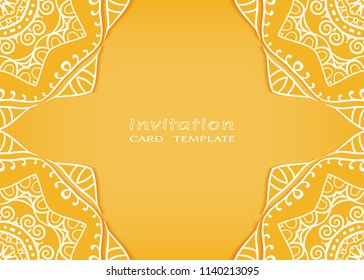 Invitation or Card template with lace mandala border, cutout paper frame element. Decorative openwork filigree art background for Wedding, Valentine's day greeting cards, Birthday Invitations