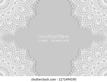 Invitation or Card template with lace mandala border, cutout paper frame element. Decorative openwork filigree art background for Wedding, Valentine's day greeting cards, Birthday Invitations
