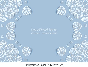 Invitation or Card template with lace mandala border, cutout paper frame element. Decorative openwork filigree art background for Wedding, Valentine's day greeting cards, Birthday Invitations