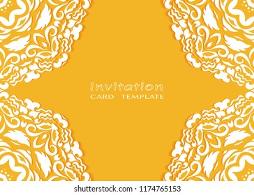 Invitation or Card template with lace mandala border, cutout paper frame element. Decorative openwork filigree art background for Wedding, Valentine's day greeting cards, Birthday Invitations