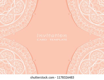 Invitation or Card template with lace mandala border, cutout paper frame element. Decorative openwork filigree art background for Wedding, Valentine's day greeting cards, Birthday Invitations