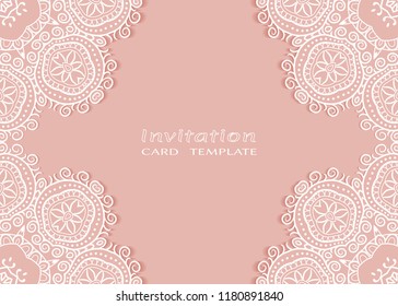 Invitation or Card template with lace mandala border, cutout paper frame element. Decorative openwork filigree art background for Wedding, Valentine's day greeting cards, Birthday Invitations