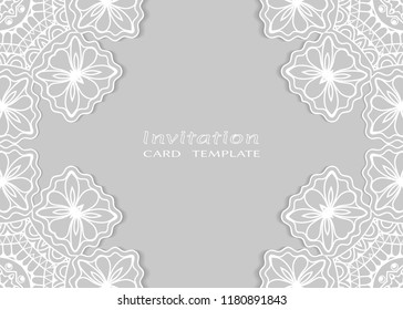 Invitation or Card template with lace mandala border, cutout paper frame element. Decorative openwork filigree art background for Wedding, Valentine's day greeting cards, Birthday Invitations