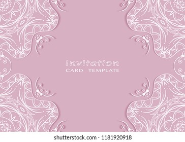 Invitation or Card template with lace mandala border, cutout paper frame element. Decorative openwork filigree art background for Wedding, Valentine's day greeting cards, Birthday Invitations