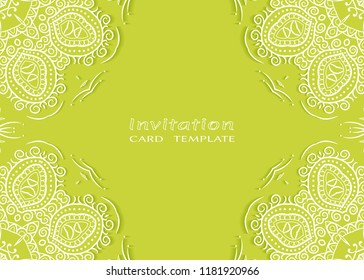 Invitation or Card template with lace mandala border, cutout paper frame element. Decorative openwork filigree art background for Wedding, Valentine's day greeting cards, Birthday Invitations