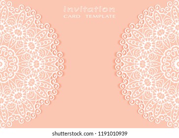 Invitation or Card template with lace mandala border, cutout paper frame element. Decorative openwork filigree art background for Wedding, Valentine's day greeting cards, Birthday Invitations