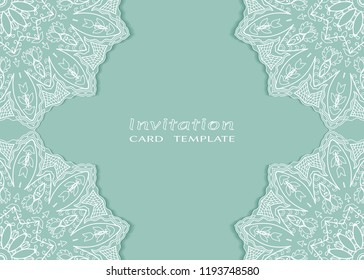 Invitation or Card template with lace mandala border, cutout paper frame element. Decorative openwork filigree art background for Wedding, Valentine's day greeting cards, Birthday Invitations