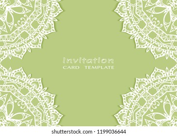 Invitation or Card template with lace mandala border, cutout paper frame element. Decorative openwork filigree art background for Wedding, Valentine's day greeting cards, Birthday Invitations