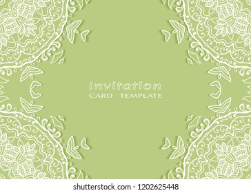Invitation or Card template with lace mandala border, cutout paper frame element. Decorative openwork filigree art background for Wedding, Valentine's day greeting cards, Birthday Invitations